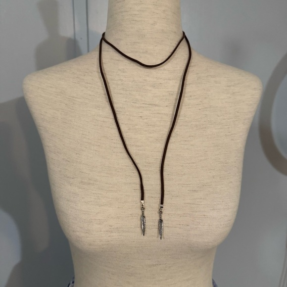 Silver Feather Pendant Necklace on Black Cord - Picture 1 of 6